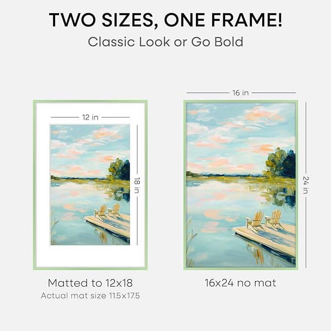 Homeforia 16x24 Sage Green Picture Frame, High End Metal 16x24 Poster Frames with Mat 12x18 inch Photo, 16 x 24 Sage Green Frame Matted to 12 by 18 Art, 24x16 Frame, Tempered Glass, Wall Kit, Set of 1
