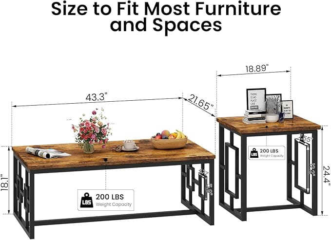 Recaceik Rectangle Coffee Table and End Table Set of 3, Modern Vintage Dark Brown Coffee Table and Side Table for Living Room, Office, Apartment, Small Space