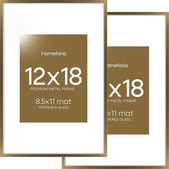 Homeforia 12x18 Bronze Picture Frame, High End Metal 12x18 Brass Poster Frames with Mat 8.5x11 Photo, 12 x 18 Frame Matted to 8.5 by 11 inch Print, 18x12 Thin Frame, Tempered Glass, Wall Kit, Set of 2
