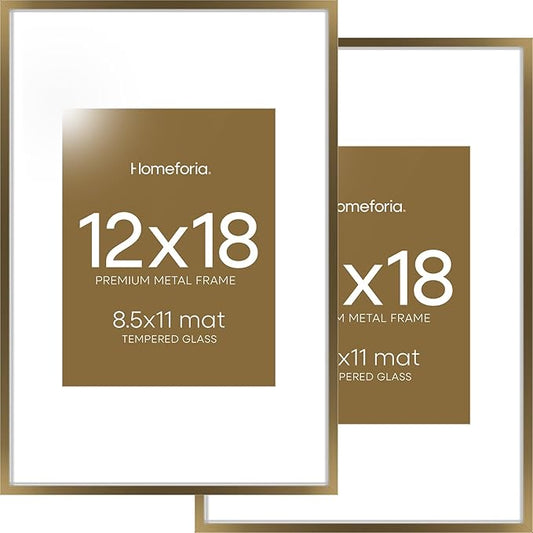 Homeforia 12x18 Bronze Picture Frame, High End Metal 12x18 Brass Poster Frames with Mat 8.5x11 Photo, 12 x 18 Frame Matted to 8.5 by 11 inch Print, 18x12 Thin Frame, Tempered Glass, Wall Kit, Set of 2