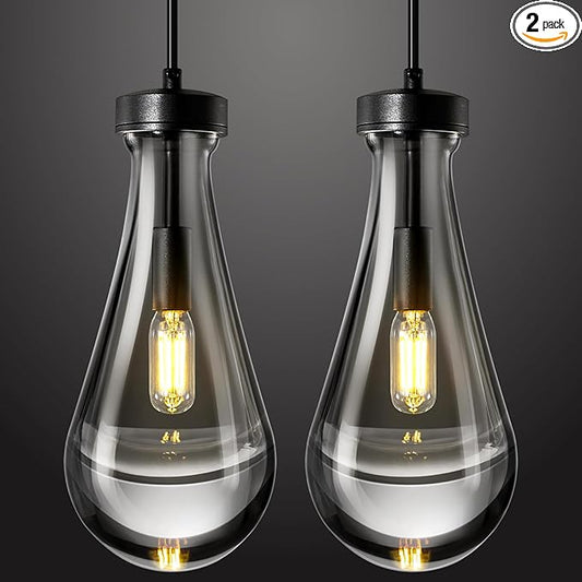 Raindrop Pendant Lights Kitchen Island Set of 2 Teardrop Black Hanging Light Fixtures Clear Solid Glass Pendant Light Modern Chandeliers for Dining Room Porch Corridor Living Room…