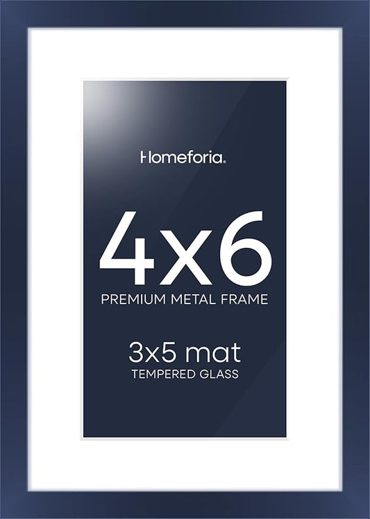 Homeforia Navy Blue 4x6 Picture Frame, High End Metal 4 x 6 Frames with Mat 3 x 5 for Print, 4by6 Desk Frame Matted to 3x5 inch Photo, 4 by 6 Wall or Tabletop Frame, Tempered Glass, Wall Kit, Set of 1