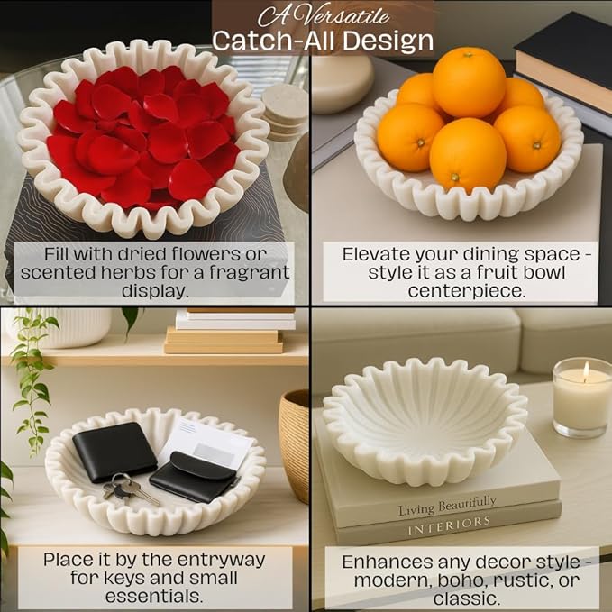 SWADESHI BLESSINGS HandCrafted Marble Ruffle Bowl/Antique Scallop Bowl/Fruit Bowl/Vintage Ring Dish/Decorative Flower Dish/HouseWarming Gift/Wedding Gifts/Urli (12 Inches)