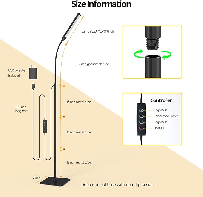 LED Floor Lamp, Reading Lamps Adjustable Stepless Colors & Brightness Gooseneck Standing Lamp, Nail Tech Lamp, Lash Light for Eyelash