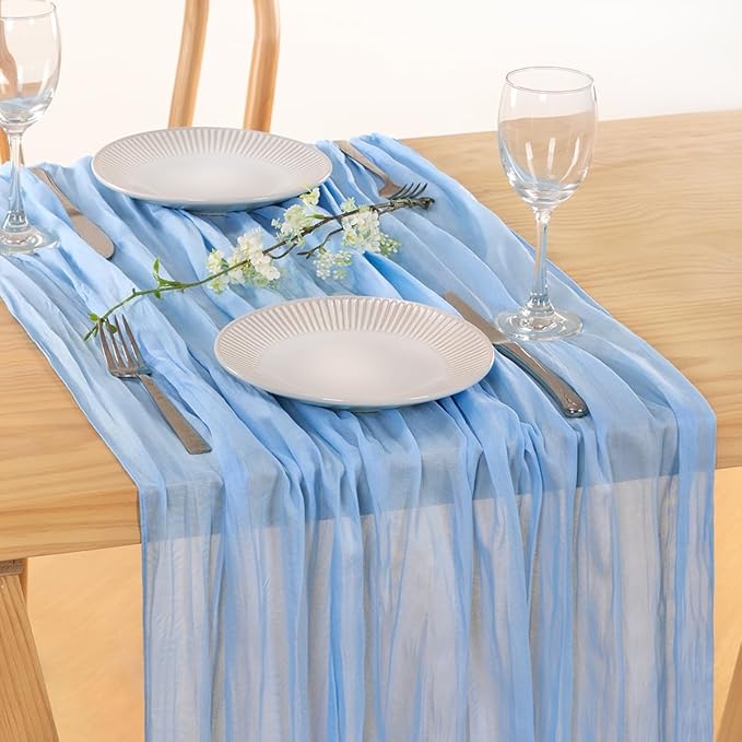 MLMC Light Blue Table Runner Baby Blue Cheesecloth Table Runner 10ft Baby Shower Decorations Rustic Gauze Fall Cheese Cloth Centerpiece 35x120 Inches for Gender Reveal Birthday Party Wedding Decor