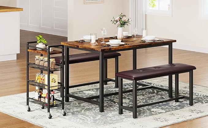 GarveeHome Dining Table Set for 4, Kitchen Table with 2 Upholstered Benches, Wood Kitchen Dining Room Set, for Small Space, Apartment, Home, Dinner, Retro Brown