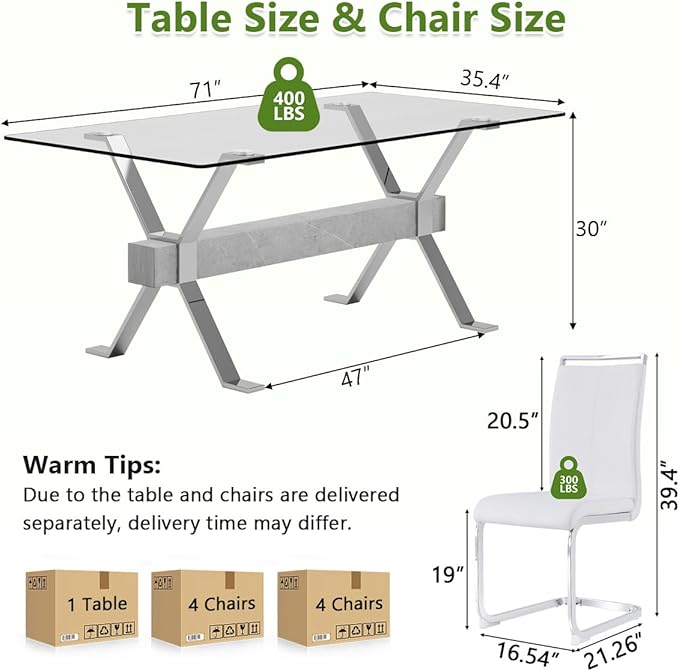 9 Piece Glass Dining Table Set, Kitchen Table Chairs Set for 8, 71'' Dining Table with 0.4" Tempered Glass Tabletop with Plated Metal Legs and MDF Crossbar, 8 PU Chairs for Dining Room, Kitchen.