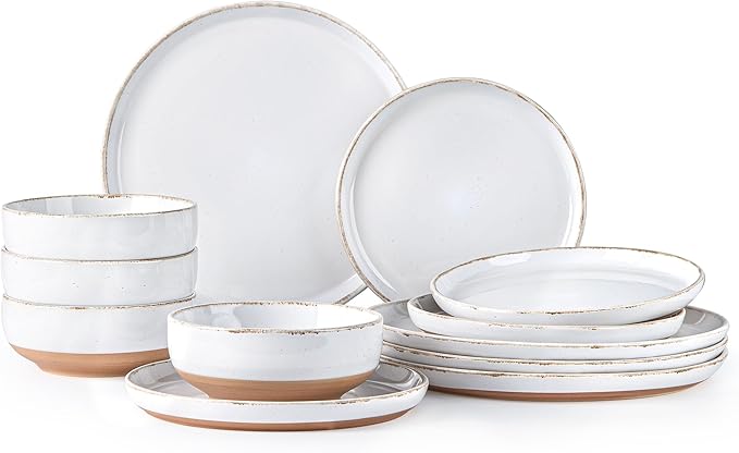 AmorArc Ceramic Dinnerware Sets for 4, 12 Pieces Handpainted Plates and Bowls Set with Rustic Terracotta Underside, Scratch Resistant Stoneware Dishes Set, Dishwasher & Microwave Safe, White