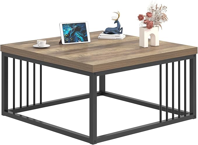 FOLUBAN Coffee Table, Modern Square Center Table for Living Room, Industrial Rustic Wood and Metal Cocktail Tea Table, 31.5 Inch, Oak