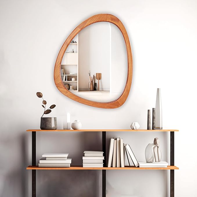 WallBeyond Asymmetrical Mirror, Irregular Wall Mirror for Bathroom, Wall Mirrors Decorative for Bedroom Living Room Entryway Hall, Wood Framed Walnut Mirror 23" H x 19" W
