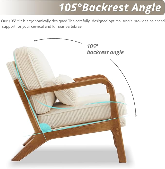 Karl home Mid-Century Modern Accent Chair, Living Room Chairs with Pillow Corduroy Upholstered Lounge Armchair with Solid Wood Frame & Soft Cushion for Bedroom, Reading Room, Beige