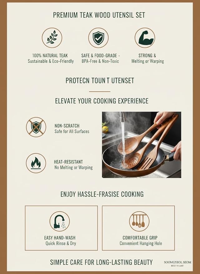 100% Natural Teak Wood Wooden Utensil Set – Non-Stick & Heat Resistant – 10 Pcs Durable Kitchen Spoons for Cooking, Eco-Friendly & Comfortable Grip