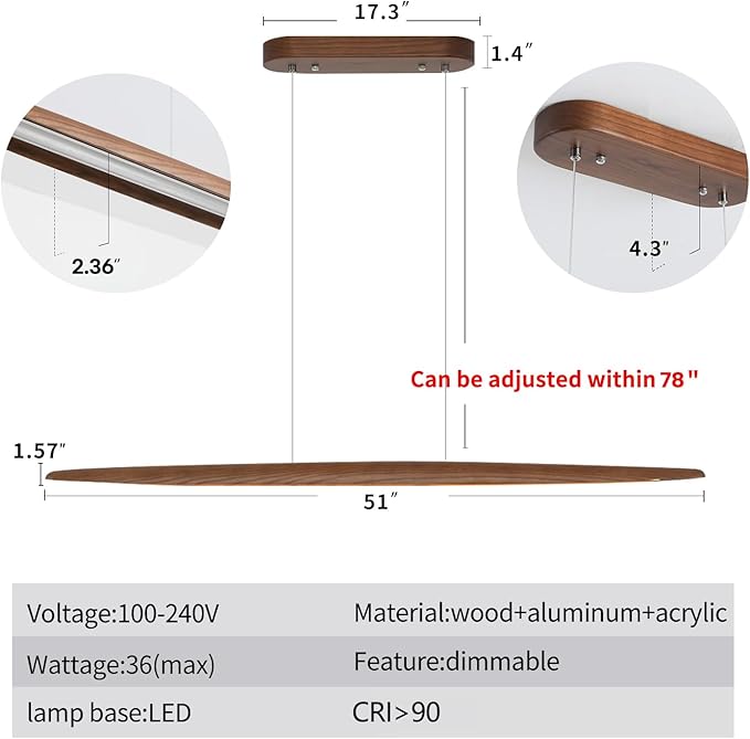 51" Wood Linear Pendant Light Wood Dining Room Light Fixture Modern Pool Table Lights Kitchen Island Lights for Dining Room Bar Kitchen Island Walnut Color