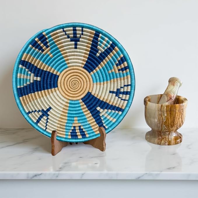 Handwoven African Basket Handmade sisal Fruit Bowl Wall Hanging decorative Baskets for Home Living Room Kitchen Centerpiece Zen Designs Arts and Crafts (Dark Blue Tan Teal, 12in diameter)