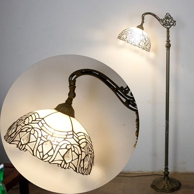 WERFACTORY Tiffany Floor Lamp White Crystal Bent Stained Glass Arched Lamp 12X18X64 Inches Gooseneck Adjustable Corner Standing Reading Light Decor Bedroom Living Room S508W Series
