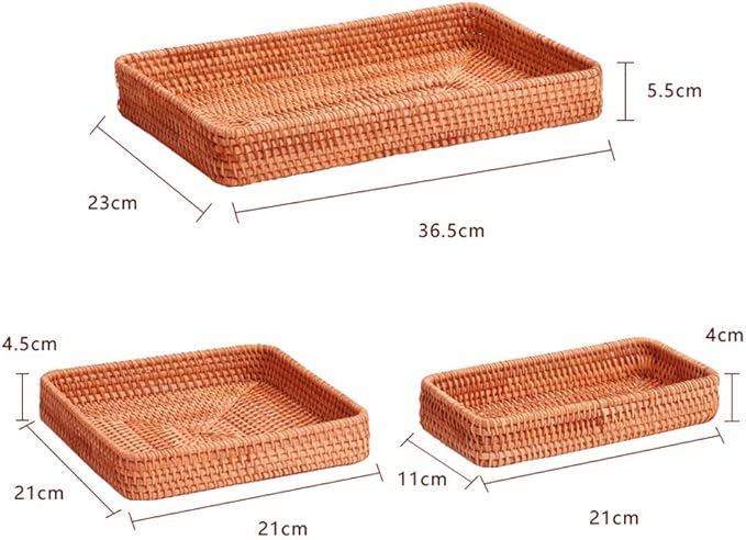 i-lan Set of 3 15" Rattan Woven Serving Tray Basket with MOP Wooden Base and Handles, Boho Wicker Coffee Table Décor Serving Tray with 2 Inch Wall, Handmade Display Basket for Everywhere