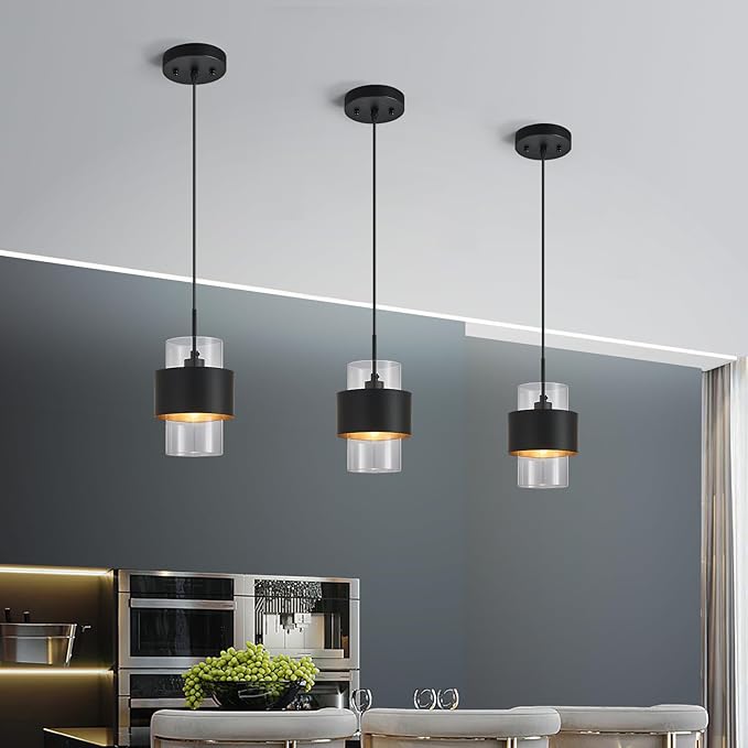 Modern Black Pendant Lighting Indoor Kitchen Island Pendant Light Glass Shade Ceiling Light Fixtures for Bedroom Dining Room Living Room(1-Pack)