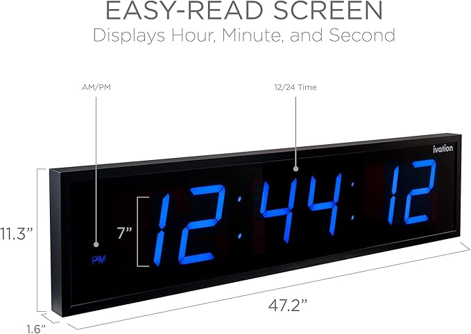 Ivation Huge Oversized 48" Large Digital LED Clock | Big Digital Clock w/Multi-Function Display – Stopwatch, Timer, Alarms, Temp & Date | 6 Brightness Levels, Time Memory & Remote (Blue)