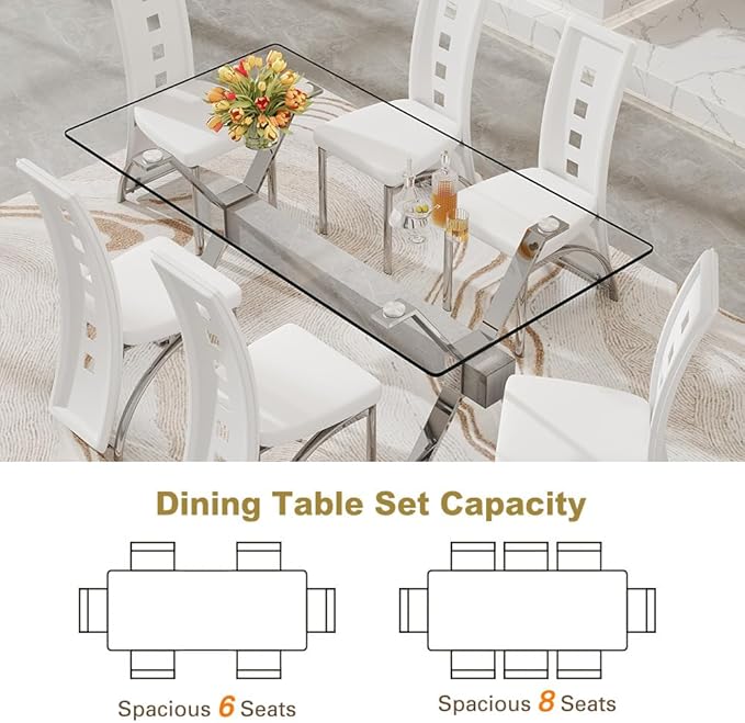 71'' Glass Dining Table Set for 6,7 Piece Dining Table Set with Tempered Glass Tabletop and Open‑Frame X‑Shaped Metal Base,Kitchen Table and Chairs Ideal for Dining Room&Home Office
