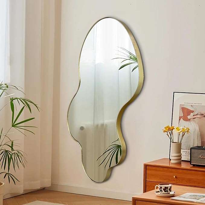 Gold Irregular Mirror, 23.6"x46.5" Asymmetrical Wall Mirror, Large Waved Mirrors with Metal Frame, Cloud Shaped Mirrors for Living Room Bathroom Bedroom Hallway Entryway Fireplace