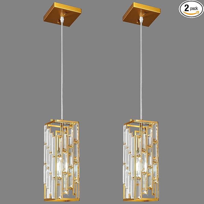 Gold Pendant Lighting Modern Pendant Light, Mini Crystal Chandeliers,Adjustable Pendant Light Fixture for Kitchen Island Dinning Room Bedroom (2 Pack)…