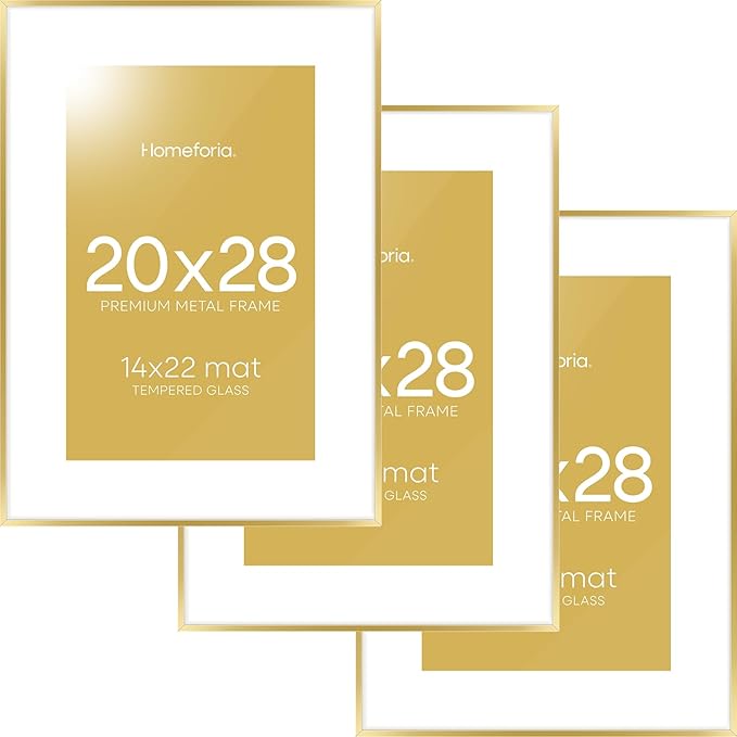 Homeforia 20x28 Picture Frame Gold, High End Metal 20 x 28 Poster Frames with Mat 14 by 22 Photo, 20x28 Gold Frame Matted to 14x22 Print, 28x20 Large Hanging Frames, Tempered Glass, Wall Kit, Set of 3