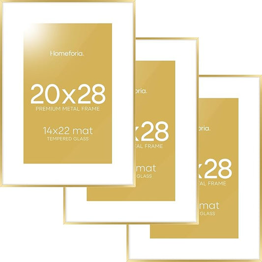 Homeforia 20x28 Picture Frame Gold, High End Metal 20 x 28 Poster Frames with Mat 14 by 22 Photo, 20x28 Gold Frame Matted to 14x22 Print, 28x20 Large Hanging Frames, Tempered Glass, Wall Kit, Set of 3