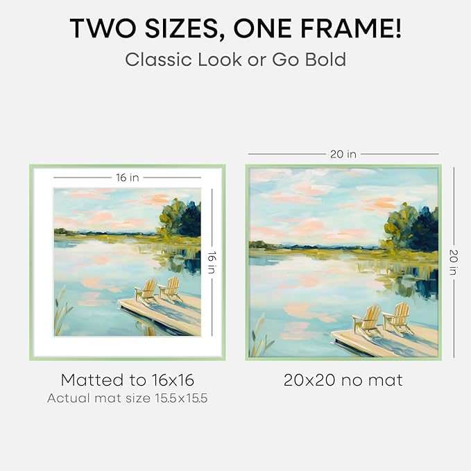 Homeforia 20x20 Picture Frame Sage Green, High End Metal 20 x 20 Square Poster Frames with Mat 16 x 16 Photo, 20x20 Frame Matted to 16x16 Art, 20by20 Hanging Frames, Tempered Glass, Wall Kit, Set of 1