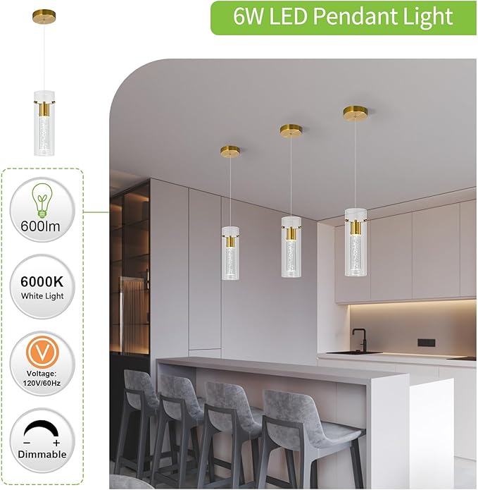 Pendant Ceiling Light Fixture for Kitchen Island, Gold Pendant Light Integrated LED Hanging Light with Crystal Bubble Glass Pendant Light Modern Pendant Lights Kitchen Island (2-Pack)
