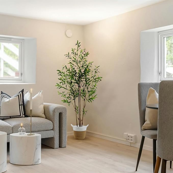 6ft (71”) Artificial Olive Tree, Tall Fake Olive Plant with Basket, Faux Olive Silk Tree for Mordern Indoor Home Livingroom Office Floor Corner Décor