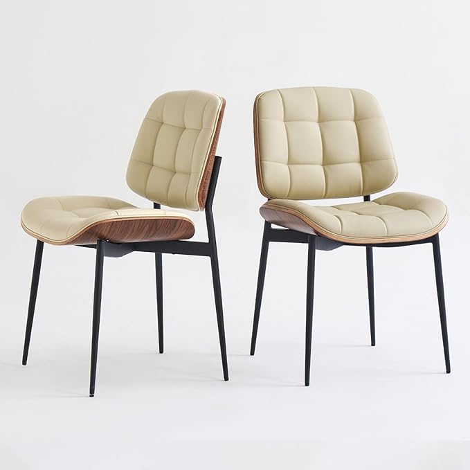 Mid Century Modern Dining Chairs with Walnut Grain Back, Beige Faux Leather Dining Room Chairs Set of 4, Checkered Soft Cushion Kitchen Chairs with Adjustable Foot Pads