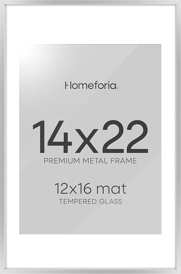 Homeforia 14x22 Picture Frame Silver, High End Metal 14 x 22 Frame with Mat 12 by 16 Photo, 14x22 Silver Poster Frame Matted to 12x16 in Print, 22x14 Hanging Frames, Tempered Glass, Wall Kit, Set of 1