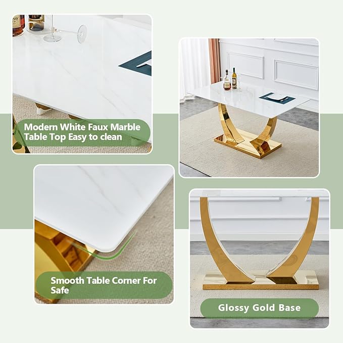 63” Dining Room Table Set for 6,Modern Gold Dining Table Set for 6, Rectangle Kitchen Table Set with Leather Chairs,White Faux Marble Dinner Table Set with Tempered Glass Top and Golden Base