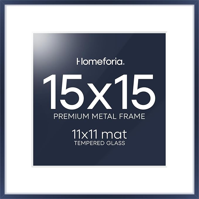 Homeforia 15x15 Picture Frame Navy Blue, High End Metal 15 x 15 Square Poster Frame with Mat 11 x 11 Photo, 15x15 Frame Matted to 11x11 Print, 15by15 Hanging Frames, Tempered Glass, Wall Kit, Set of 1
