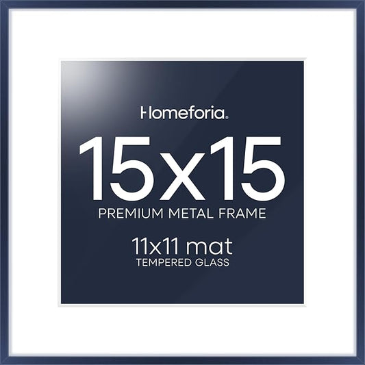 Homeforia 15x15 Picture Frame Navy Blue, High End Metal 15 x 15 Square Poster Frame with Mat 11 x 11 Photo, 15x15 Frame Matted to 11x11 Print, 15by15 Hanging Frames, Tempered Glass, Wall Kit, Set of 1