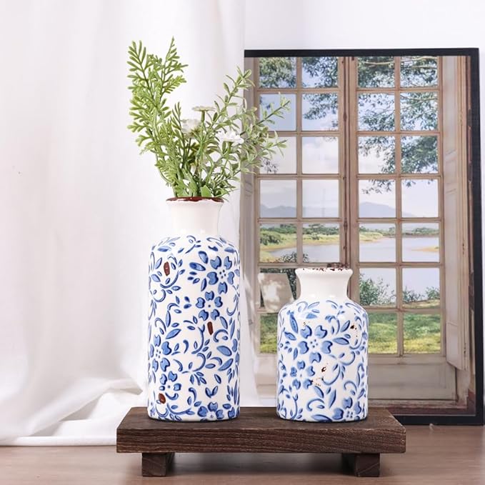 Blue and White Ceramic Vase Set of 3 – Vintage Floral Porcelain Pottery Vases, Rustic Decorative Vases for Flowers, Farmhouse Chinoiserie Home Decor, Table, Mantel, Living Room & Shelf Centerpieces