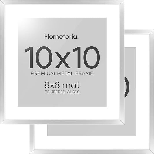 Homeforia 10x10 Picture Frame Silver, High End Metal 10 by 10 Square Frames with Mat 8 x 8 inch Photo, 10by10 Poster Frame Matted to 8x8 Art, Wall or Tabletop Frame, Tempered Glass, Wall Kit, Set of 2
