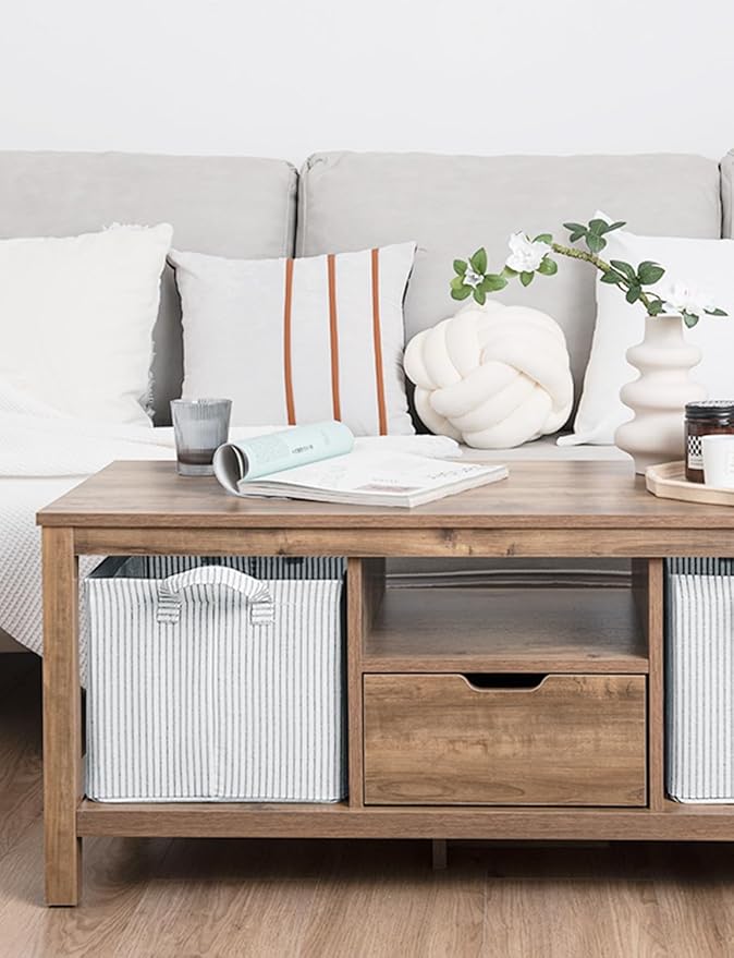 StorageWorks Storage Bins, Fabric Storage Bins for Shelves, Large Storage Baskets with Metal Frame, Closet Baskets and Bins with Handles, Khaki and Beige Stripes, 2-Pack