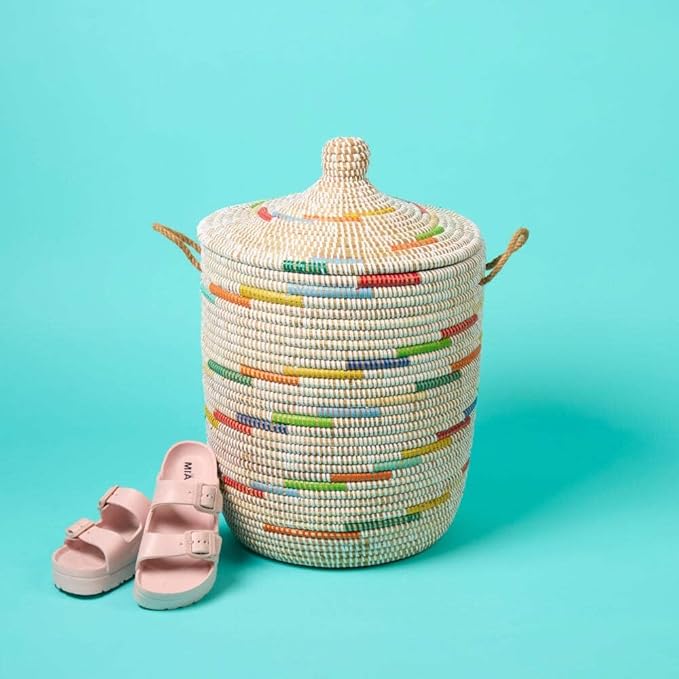 Basket for Decor, Organizing, Storage - Living Room Blankets, Nursery Toys, Laundry, Towels, Pillows, Comforter, Cushion - Wicker, Woven, Round, Lid and Handles, Colors on White, Small