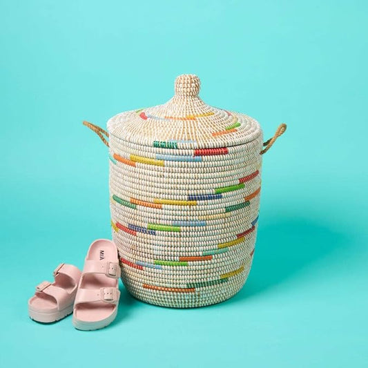 Basket for Decor, Organizing, Storage - Living Room Blankets, Nursery Toys, Laundry, Towels, Pillows, Comforter, Cushion - Wicker, Woven, Round, Lid and Handles, Colors on White, Small