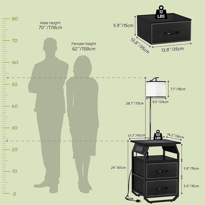 Floor Lamp with Table, End Tables with Lamps Attached 3-Color Temperature Bulb, Side Table with Lamp with 2 Drawers & Charging, Lamps Tables Combo for Bedroom, Dorm, Apartment - Black