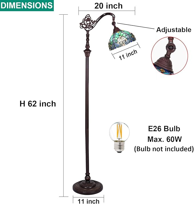 Tiffany Reading Floor Lamp,Stained Glass Gooseneck Floor Light for Reading,Antique Style Tall Standing Lamp for Living Room Bedroom and Office