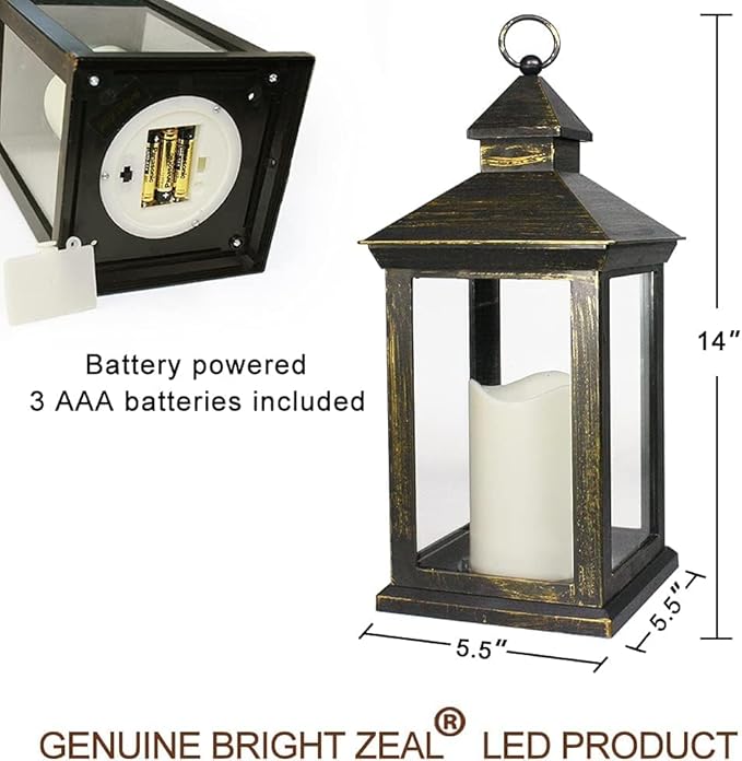 Bright Zeal 14" Tall Vintage Decorative Lantern with LED Pillar Candle (Distressed Gold, Batteries Included) - Outdoor Lights Decorative Hanging - Battery Lantern with Timer - Vintage Candle Light
