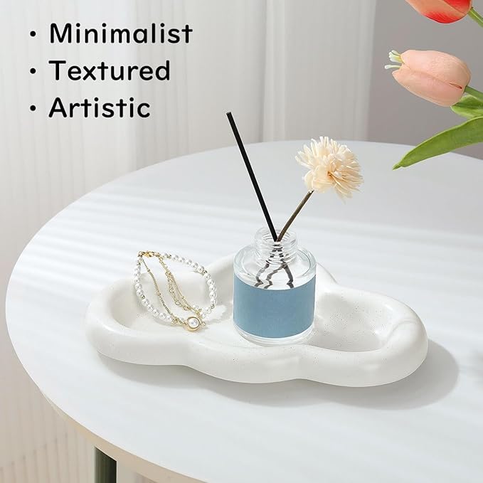 Ceramic Jewelry Tray, Cloud Trinket Dish for Necklace, Bracelet, Earrings, Perfume, Vanity, Key Bowl, Cute Ring Holder for Home Room Decor Aesthetic, Matte White