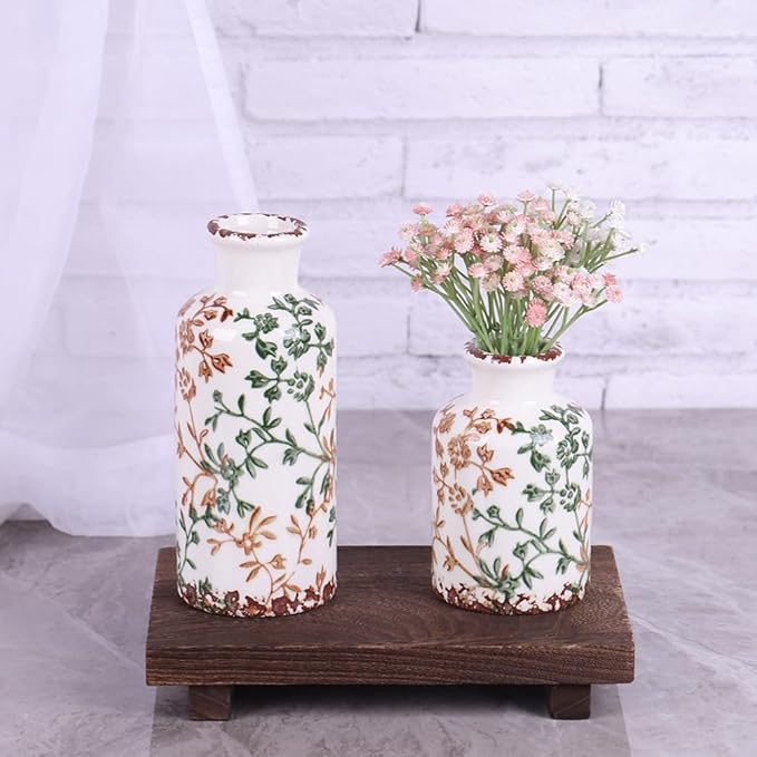 Farmhouse Vase for Home Decor, Ceramic vase Set of 3. Vintage Flower Vase Suitable for Home Decor, Living Room, Shelf Decor, Dining Table Decor (Green and Orange)