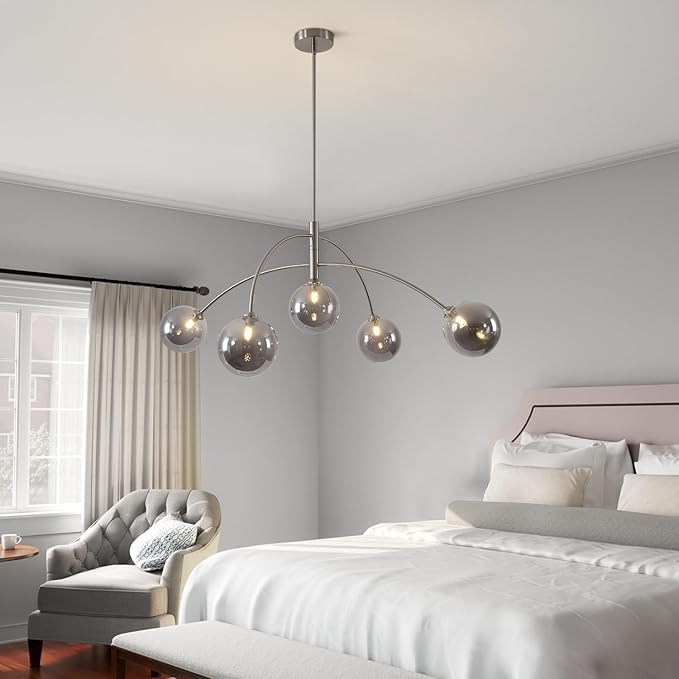 Modern Silver Chandelier 5 Light Smoke Gray Semi Flush Mount Chandelier Vintage Industrial Ceiling Light for Dining Room Kitchen Bedroom Hallway