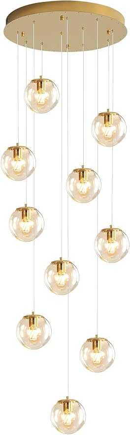 H118 Modern Glass Globe Chandelier Staircase Chandelier for Entryway 12-Lights Glass Globe Pendant Light Large Chandeliers for High Ceiling Foyer Stairwell