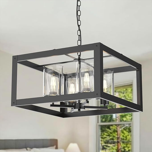 4-Light Black Chandelier, 19" Farmhouse Chandeliers Light Fixture with Glass Shade Lighting Fixtures Modern Ceiling Pendant Lamp for Dining Room Kitchen Island Entrance Bedroom Living Room