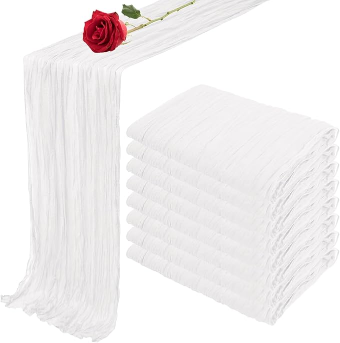 8 Pack White Cheesecloth Table Runner 35x120 Inches Boho Gauze Rustic Valentine's Day Cheese Cloth Runners 10ft Long Romantic Sheer Table Runner for Wedding Bridal Shower Party Table Decor