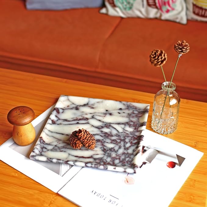 Natural Marble Tray, Coffee Table, Food, Fruit, Paper Cup, Cake Display, Coffee bar, Family Gatherings, Seasonal Holiday Decoration Tray(Viola-Square-9.8"x9.8"x0.7")
